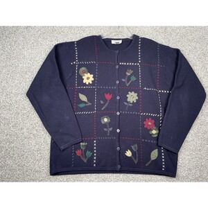 VTG Talbots 100% Wool Cardigan Sweater Sz M Blue Embroidered Floral Cottage core